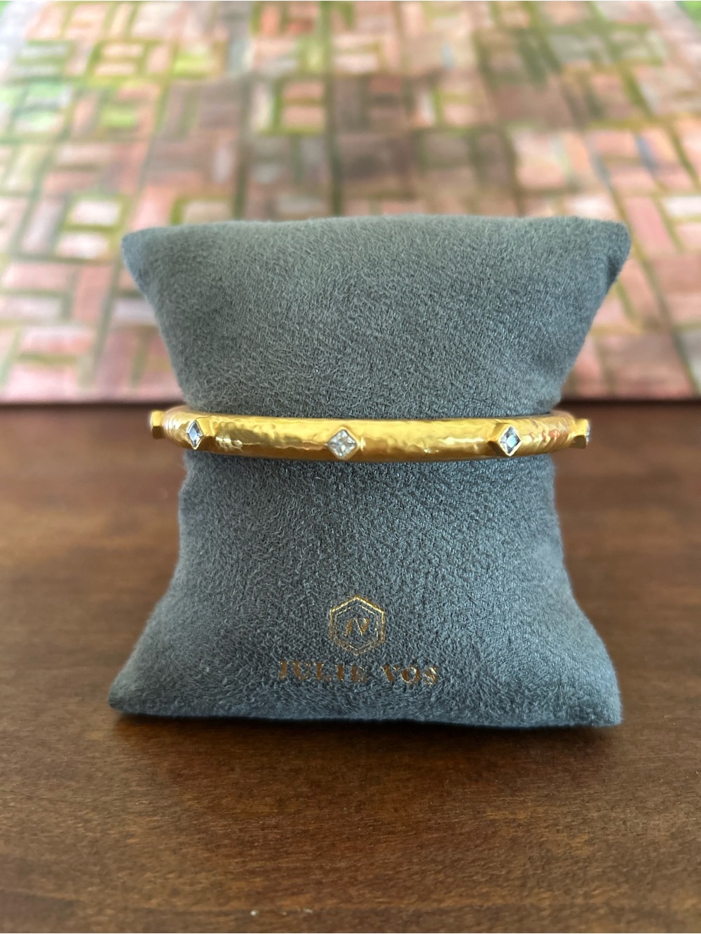 Julie Vos Gold Hammered Bangle with Clear Crystal Accents